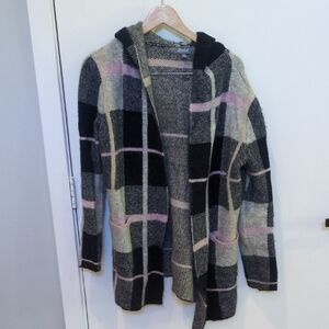 Marled Plaid Hooded Cardigan - Black, Gray, Pink